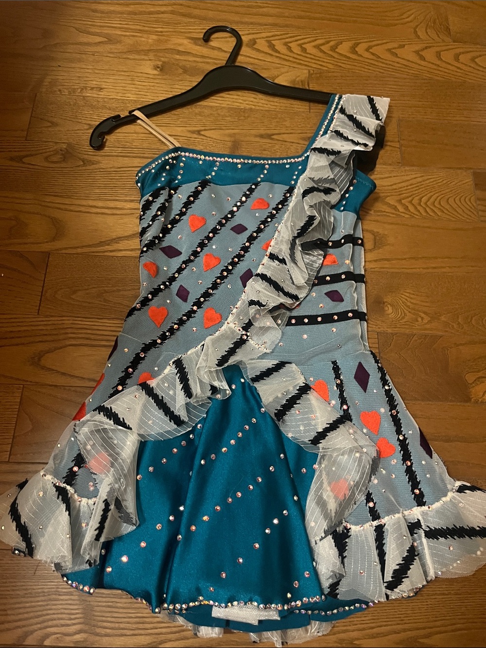 Girls Teal One-Shoulder Skating or Dance Dress with Heart Accents